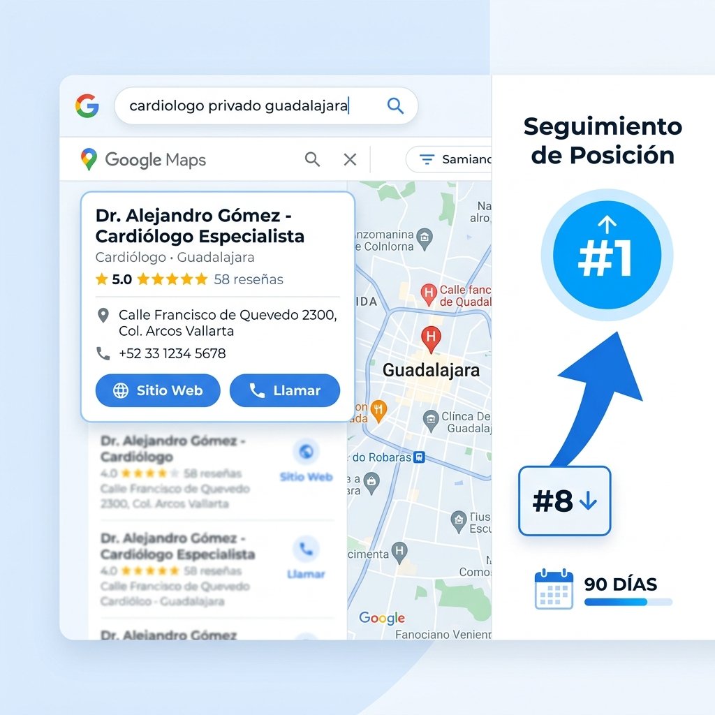 Representación visual de una clínica médica ganando visibilidad en resultados locales de Google